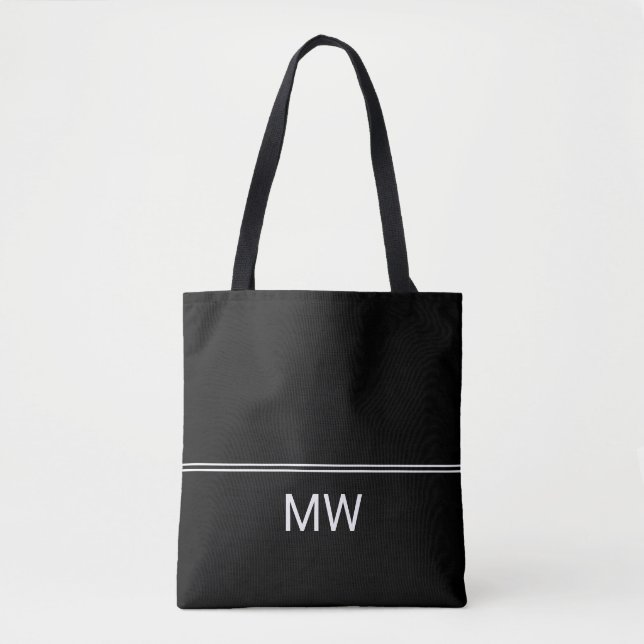 Bolsa Tote Modelo de monograma simples em preto e branco (Frente)