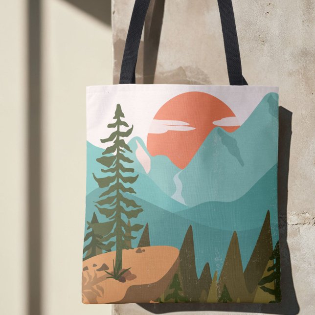 Bolsa Tote Modern Abstract Forest, Mountains, and Sunrise (In situ)