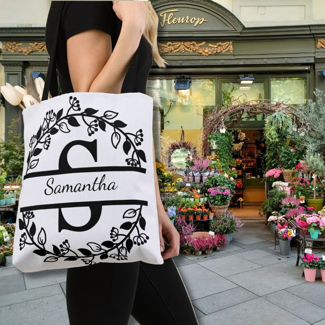Bolsa Tote Modern Black Floral Wreath Split Monogram "S" (Criador carregado)