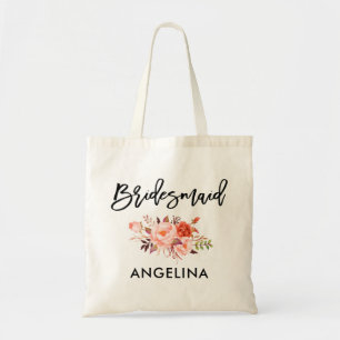 Bolsa Tote Modern Brush Script Coral Floral Bridesmaid