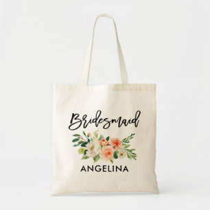 Bolsa Tote Modern Brush Script Coral White Floral Bridesmaid