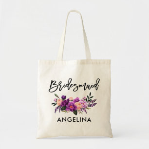 Bolsa Tote Modern Brush Script Purple Floral Bridesmaid
