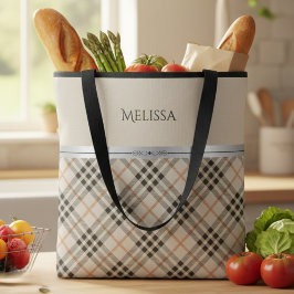 Bolsa Tote Modern Farmhouse Beige Plaid Pattern