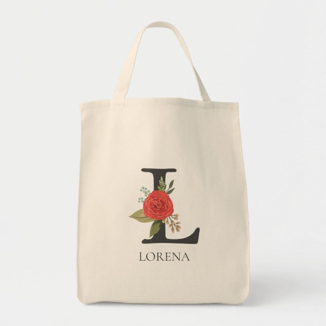 Bolsa Tote Modern Floral Customizable Monogrammed Letter L (Frente)