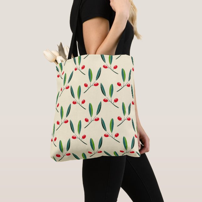 Bolsa Tote Modern Illustrated Red Berries Pattern (Close Up)