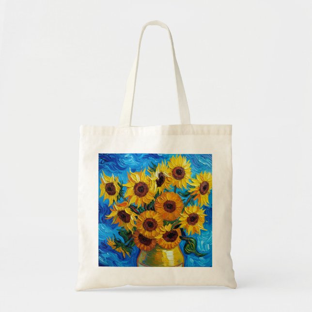 Bolsa Tote Modern Impasto Sunflowers Blue and Yellow Art  (Frente)