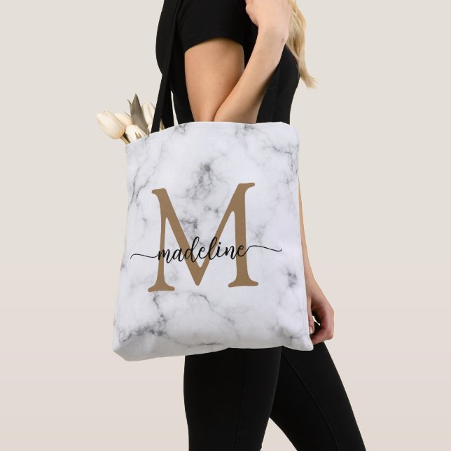 Bolsa Tote Modern Marble Gold Girly Script Monogram (Close Up)
