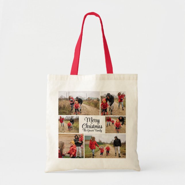 Bolsa Tote Modern Merry Christmas Family Photo Tote (Frente)