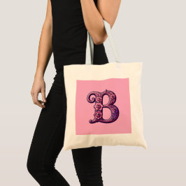 Bolsa Tote Modern Metallic Rosemaling Letter B, Pink/Purple