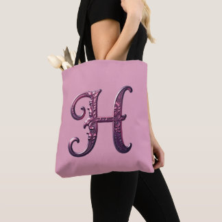 Bolsa Tote Modern Metallic Rosemaling Letter H, Pink/Purple