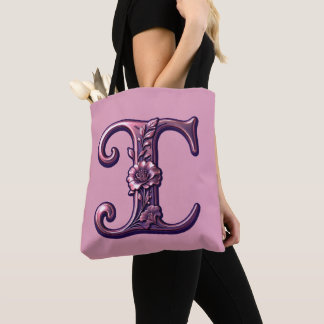 Bolsa Tote Modern Metallic Rosemaling Letter I, Pink/Purple