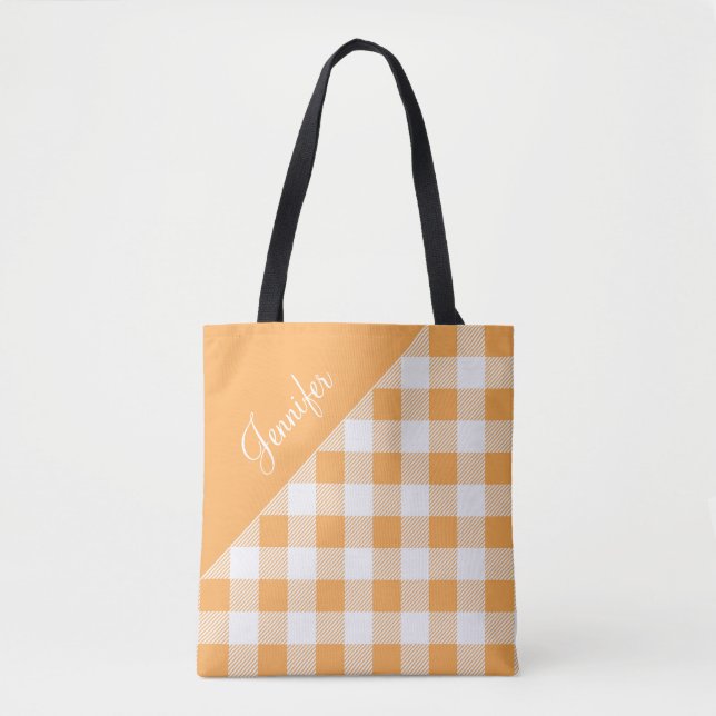 Bolsa Tote Modern Orange Gingham Xadrez Name (Frente)