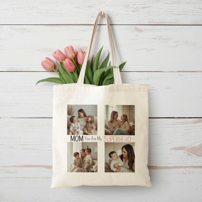 Bolsa Tote Modern Personalized Mom Superhero Photo Collage  (Criador carregado)