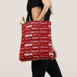 Bolsa Tote Modern Red Customized Name Collage<br><div class="desc">A modern personalized red allover tote bag gift for decorated in nine different fonts spelling your name in white typography. Cool customizable present for with fun cursive script.</div>