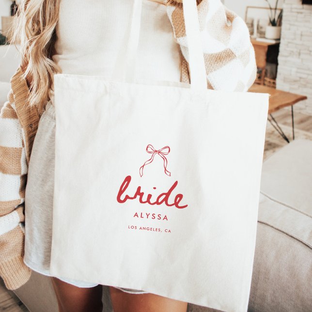 Bolsa Tote Modern Script Coquette Bow Bride's Name Wedding (Criador carregado)