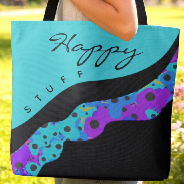Bolsa Tote Modern Teal Black And Purple Wave (Teal, purple and blue with black dots and custom words make this bag fun to carry around anywhere)
