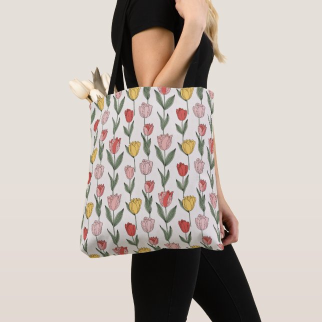 Bolsa Tote Modern Tulip Floral Pattern Soft Botanical Spring (Close Up)