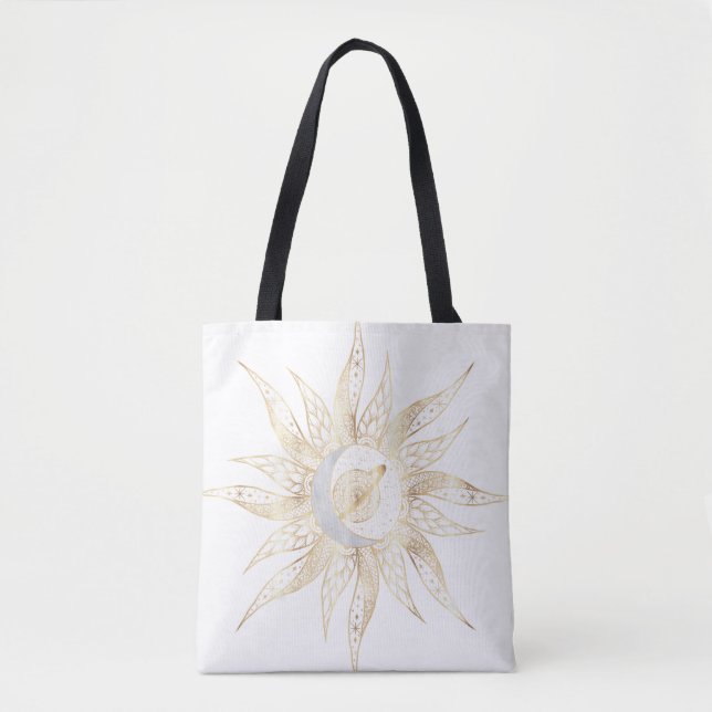 Bolsa Tote Modern White Gold Sun Moon Planet Universe Mandala (Frente)