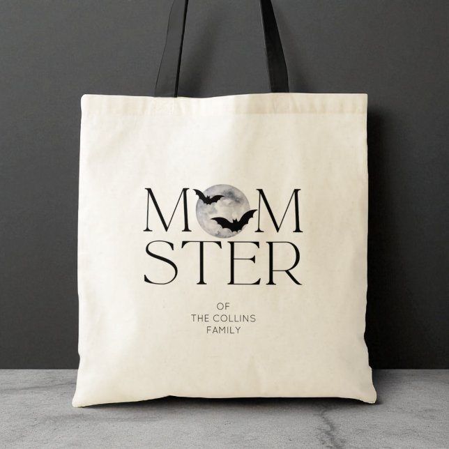 Bolsa Tote Moderna Negra Lua Bats Dia de as Bruxas engraçado  (Modern Black Moon Bats Funny Halloween Momster Mom Tote Bag for mom)