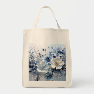 Bolsa Tote Moderno Botânico Floral Azul Branco Elegante