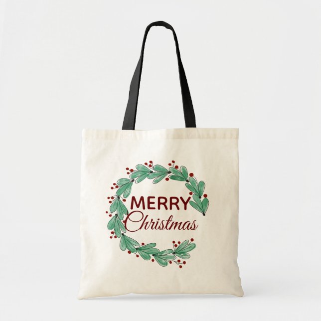 Bolsa Tote Moderno Feliz Natal Berry Wreath Greenery (Frente)
