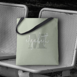 Bolsa Tote Moderno Monograma Personalizado Name Sage Green