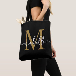 Bolsa Tote Moderno Nome Monograma Menina Chic Preto Ouro