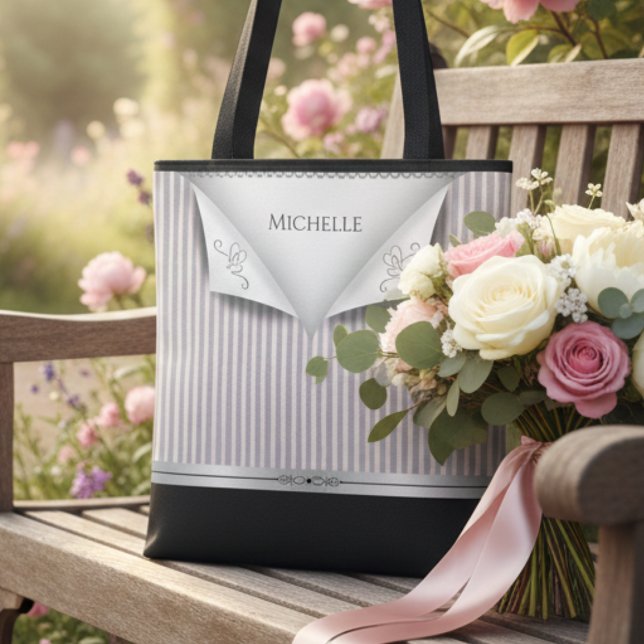 Bolsa Tote Moderno Rosa Suave Pinstripado Festa de Casamento  (Morning-of-the-wedding essentials never looked so chic 🌸 )