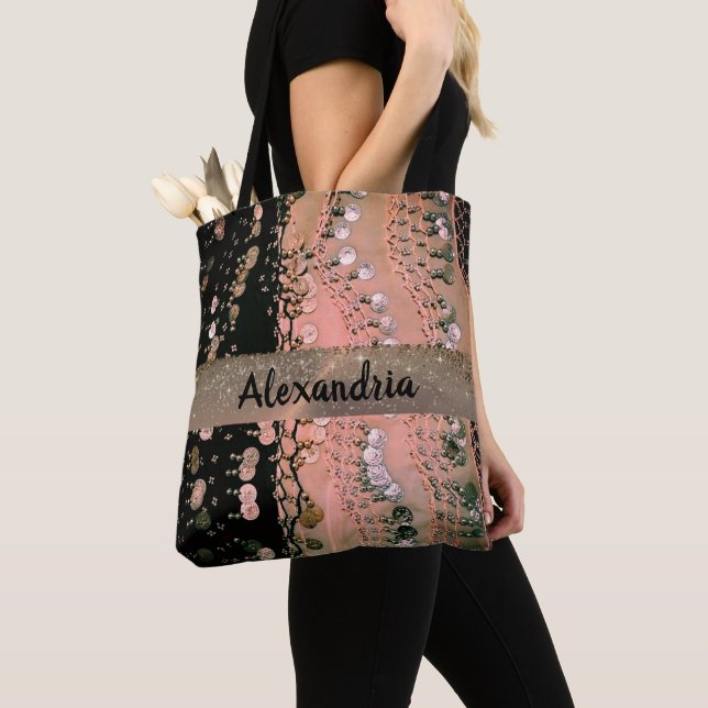 Bolsa Tote Moedas cor-de-rosa e brilhantes pretas personaliza (Close Up)