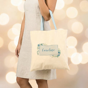 Bolsa Tote Moldura de nome de dama de honra floral em aquarel