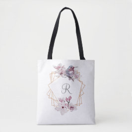 Bolsa Tote Moldura Dourada de Magnólias Rosa Branco Monograma