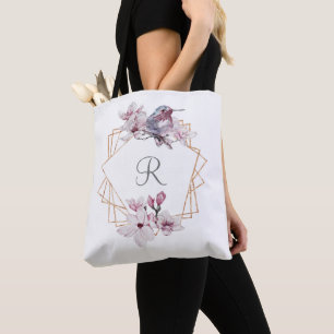 Bolsa Tote Moldura Dourada de Magnólias Rosa Branco Monograma