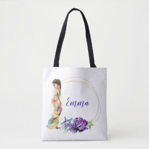 Bolsa Tote Moldura Dourada de Sereia Monograma Personalizado 