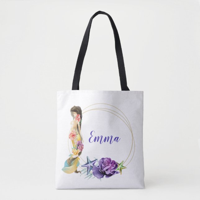 Bolsa Tote Moldura Dourada de Sereia Monograma Personalizado  (Frente)