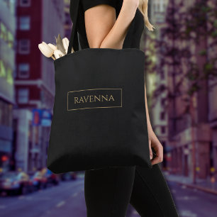 Bolsa Tote Moldura Dourada Nome Personalizado Preto Profundo