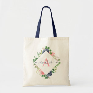 Bolsa Tote Moldura floral rosa e azul personalizada