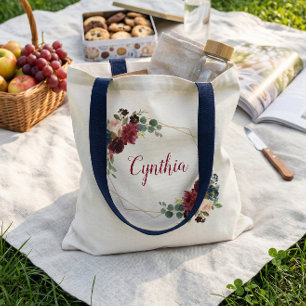 Bolsa Tote Moldura Geométrica Clássica Floral Azul Marinho Bo