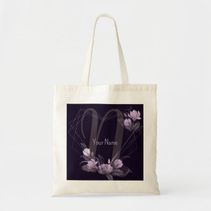 Bolsa Tote Moldura Geométrica Violeta Floral Roxa Nome Monogr