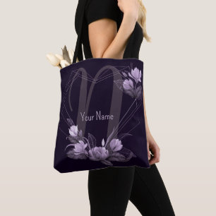 Bolsa Tote Moldura Geométrica Violeta Floral Roxa Nome Monogr