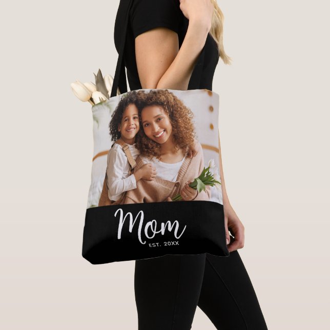 Bolsa Tote Mom Established Date White Script Photo on Black  (Close Up)