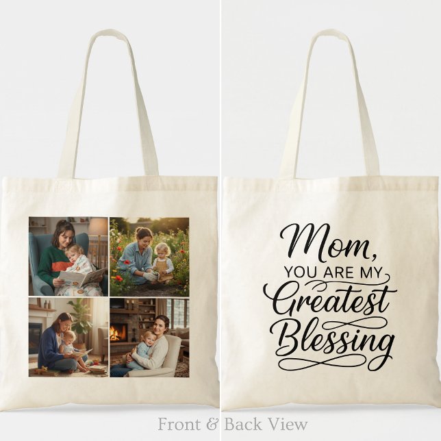 Bolsa Tote Mom Greatest Blessing 4 Photo Custom Grid Modern (Criador carregado)