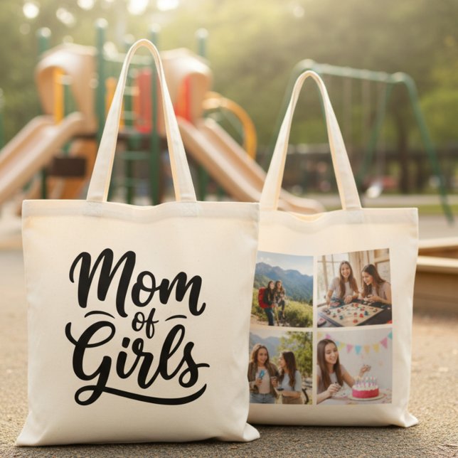 Bolsa Tote Mom of Girls Brush Script Four Photo (Criador carregado)