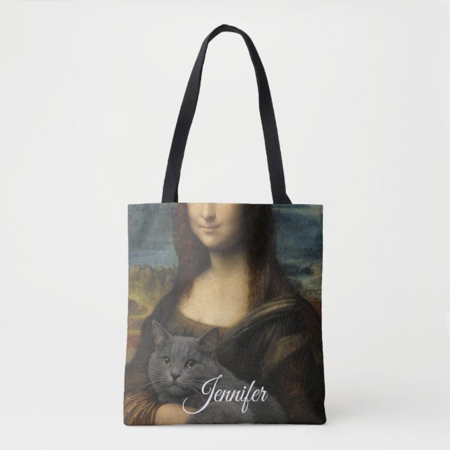 Bolsa Tote Mona Lisa Holding Elegant Gray Cat                 (Frente)