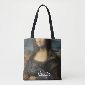 Bolsa Tote Mona Lisa segurando um gato cinza elegante        