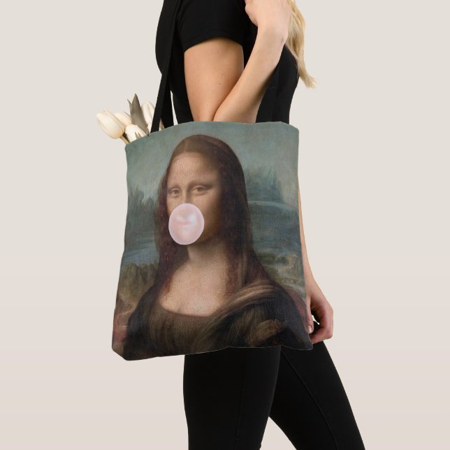 Bolsa Tote Mona Lisa soprando pastilha elástica rosa (Close Up)