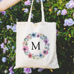 Bolsa Tote Monografia da Terra Floral Púrpura e Rosa Elegante<br><div class="desc">Acelere o seu jogo de bolsa com os nossos na moda Midnight Blooms personalizados para os sacos. O saco elegante apresenta o seu monograma personalizado ou inicial rodeado por uma coroa de rosas de aquarela em tons de roxo, massa e azul com folhas verdes escorridas. As malas florais são perfeitas...</div>