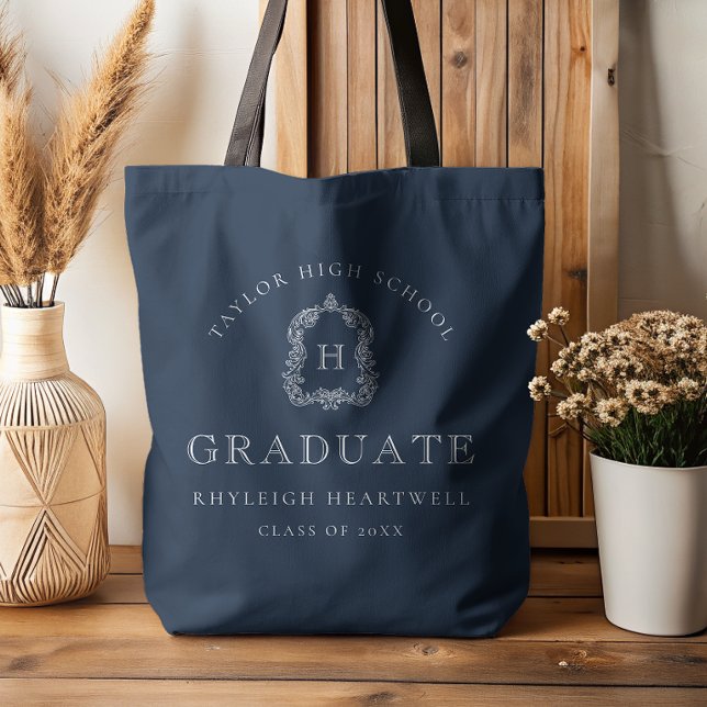 Bolsa Tote Monogram Crest Navy Blue White Graduation (Criador carregado)