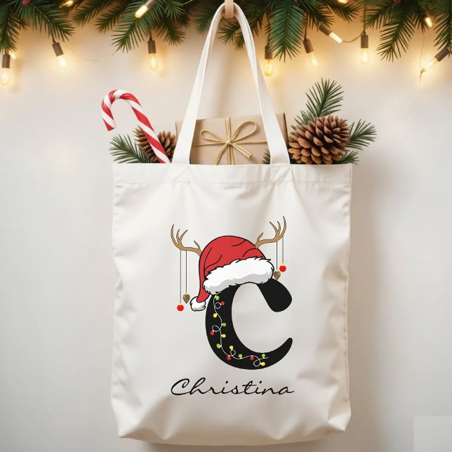 Bolsa Tote Monogram Holiday Bag for Bulk Christmas Gifts (Santa Claus tote, personalized Christmas gift, family holiday tote, Christmas initial tote,)
