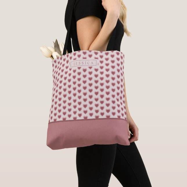 Bolsa Tote Monogram Retro Hearts Pink Burgundy (Close Up)