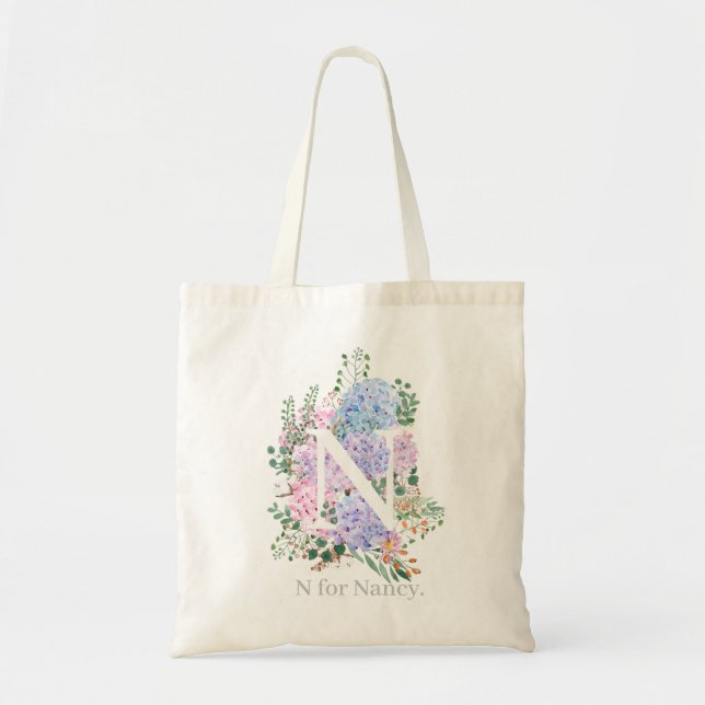 Bolsa Tote monograma alfabético botânico em flores de hydrang (Frente)